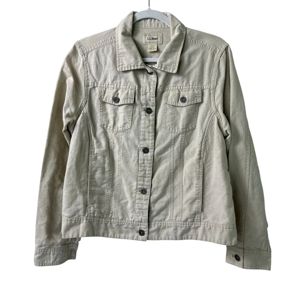 LL Bean‎ Utility Jacket Womens M Reg Tan Linen Blend Pockets Button Front